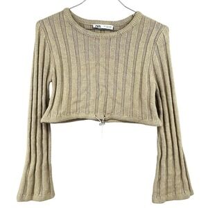 Zara Women's Drawstring Cropped Long Sleeve Sweater Tan Neutral Clean Girl M